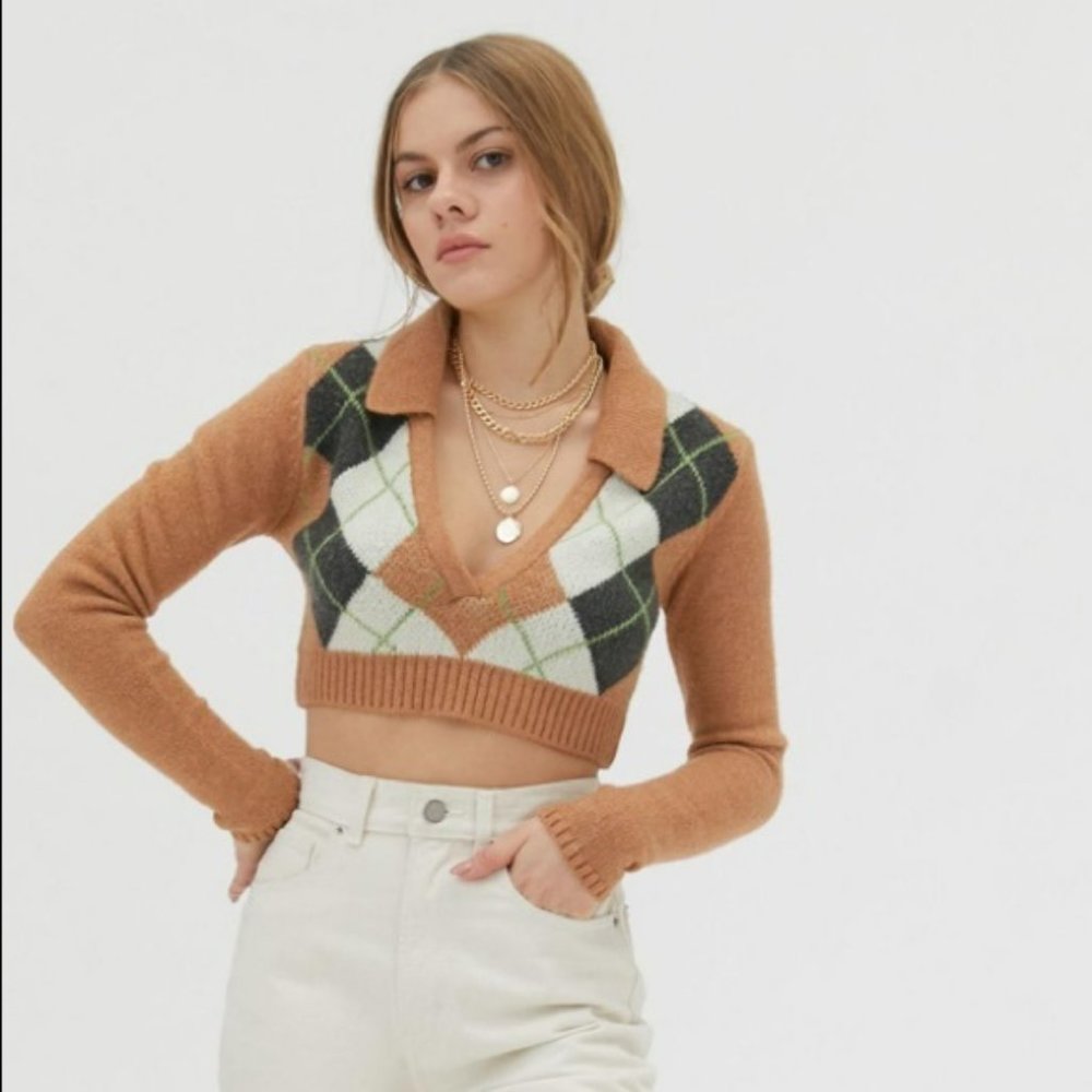 Urban Outfitters Longsleeve Argyle Soft Crop Sweater With Collar size S